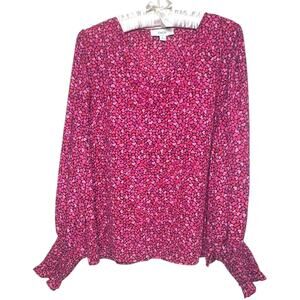 CeCe Women's XL Blouse Heart-Print Balloon Sleeve Smocking Cuffs V-Neck Flowy